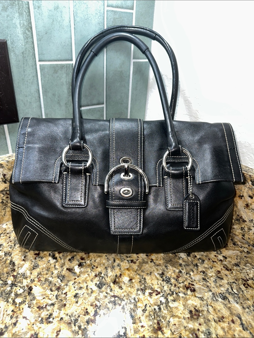 Coach Y2K SoHo Hamptons Black Leather Buckle Flap Satchel Handbag, Vintage Coach